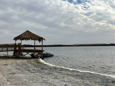       Small thatched jetty extends into a calm lake bordered by desert plants under cloudy skies.
  