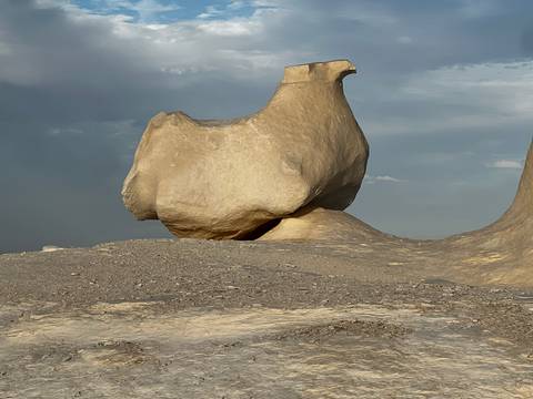       White limestone rock shaped like a bird perched on a grey desert shelf against blue sky.
  