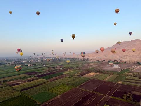       Dozens of colourful hot-air balloons drifting over patchwork green fields and desert hills at dawn
  