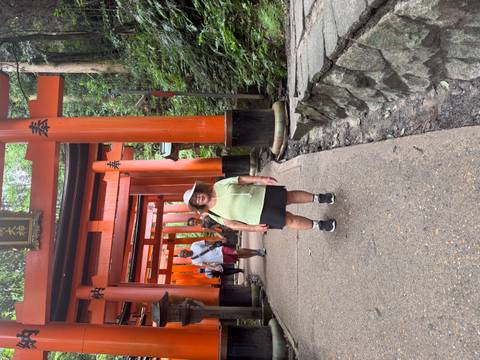       Visitor under vivid orange torii gates along the forested path at Fushimi Inari Shrine.
  