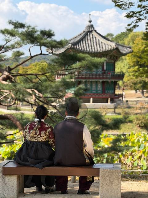       Couple in traditional hanbok gaze at a pavilion through pine branches.
  