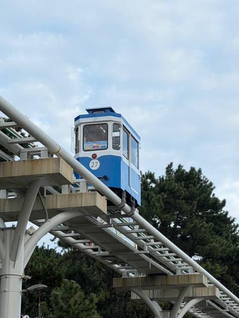       Compact blue funicular car numbered 27 ascending on an elevated rail track.
  
