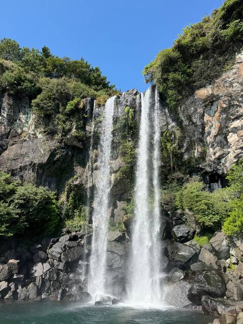       Twin streams of a powerful waterfall plunging down a lush cliff into a pool.
  