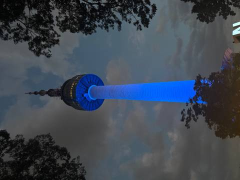       Namsan Seoul Tower glows blue against the dusk sky, framed by tree silhouettes.
  