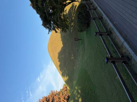       Grassy burial mound casts a long evening shadow in Gyeongju's tumuli park.
  