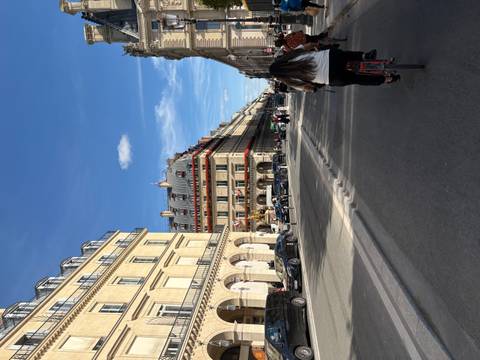       Cyclists and pedestrians move along a broad Paris boulevard flanked by elegant historic buildings.
  