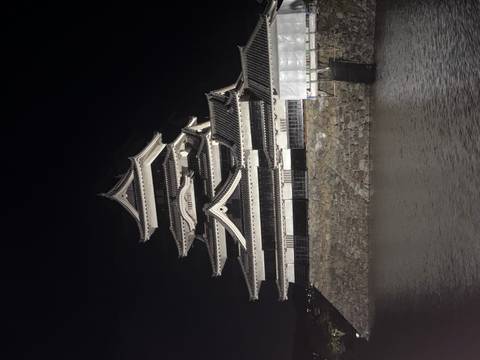       Illuminated multi-tiered Japanese castle tower reflected in the surrounding moat at night.
  