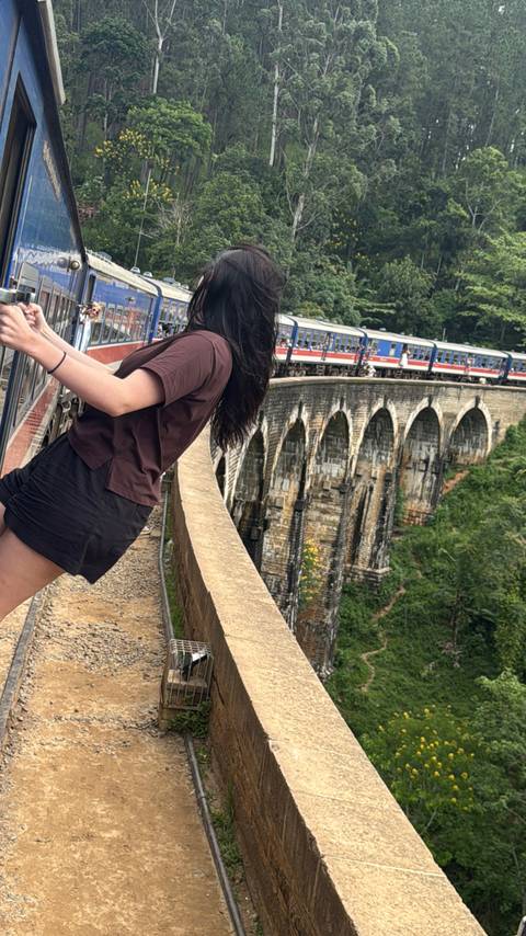       A traveler leans from a train doorway over the iconic Nine-Arches Bridge spanning a deep verdant gorge.
  