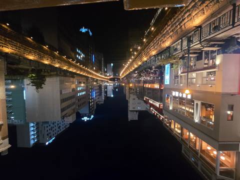       Night lights reflect along Osaka’s Dotonbori canal flanked by lively restaurants and high-rise buildings.
  