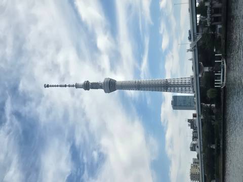       Tokyo Skytree towers into a partly cloudy sky above the Sumida River and city skyline.
  