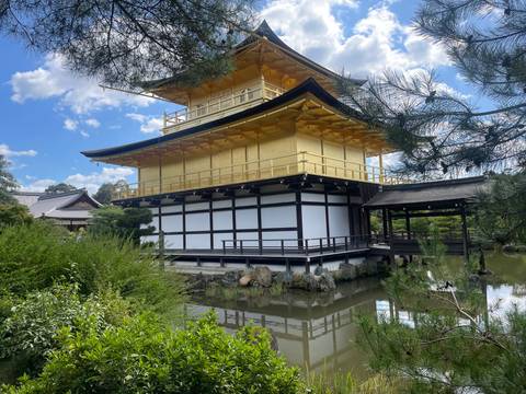       Golden Pavilion (Kinkaku-ji) reflected in a tranquil pond surrounded by manicured greenery.
  