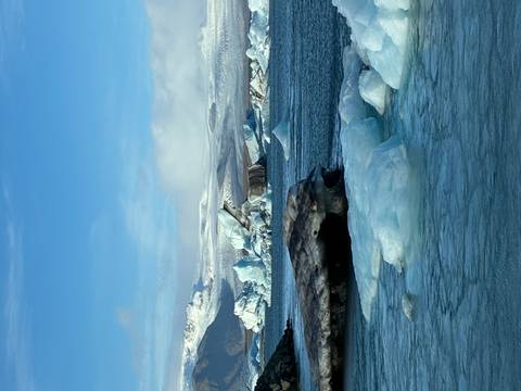       Bright blue lagoon filled with floating icebergs under a clear sky.
  