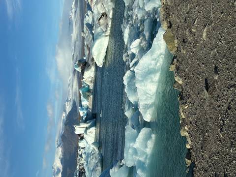       Chunky blue icebergs floating close to shore with snowy peaks in the background.
  