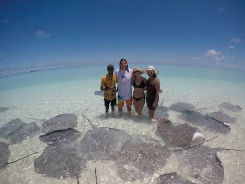       Small group posing in knee-deep water among many stingrays with a vast turquoise lagoon behind.
  