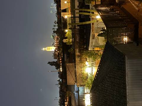       Nighttime rooftop view of Marrakesh with a lit minaret rising above garden terraces.
  