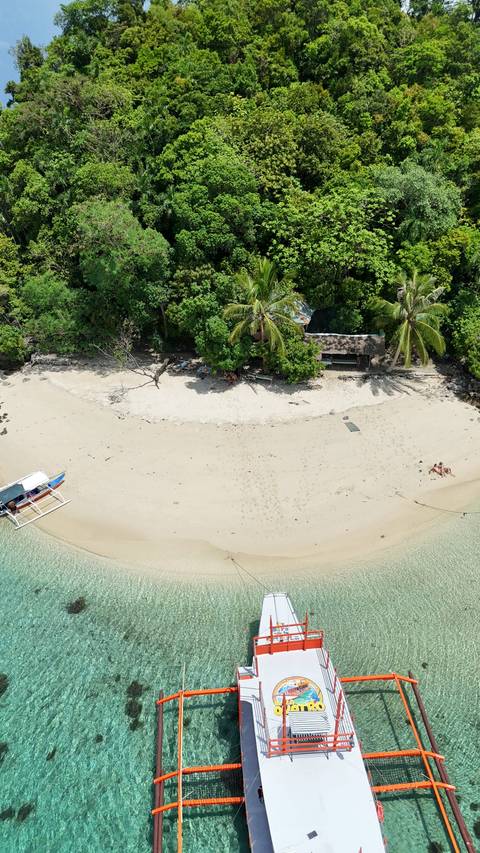       Drone view of a quiet tropical beach with a small banca boat, white sand, palm trees and turquoise shallows.
  