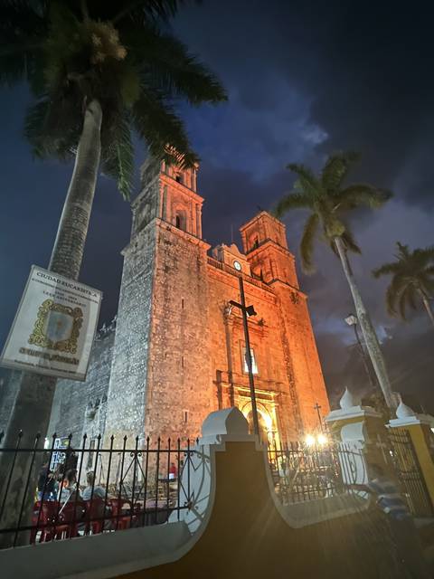 Tilted image of a historic building lit at night, surrounded by palm trees.