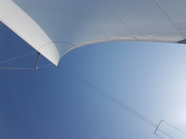       Sailing boat sail with a clear blue sky.
  