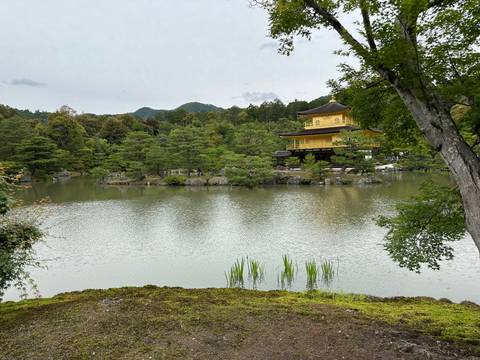      Garden scene with a lake and distant view of the Golden Pavilion.
  
