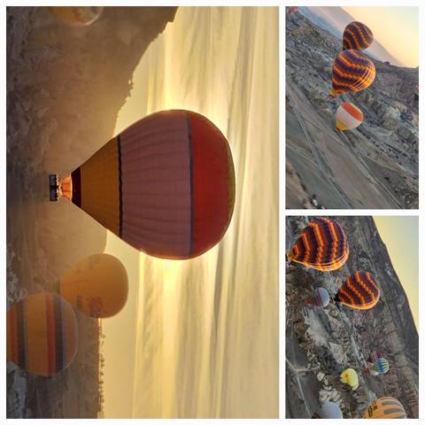 Collage of hot air balloons flying over a landscape.
