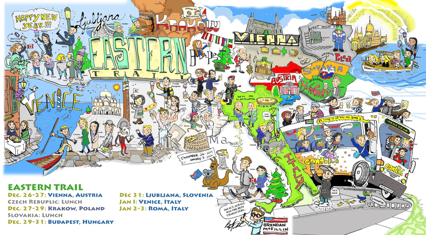 Colorful illustrated map with various landmarks and destinations.