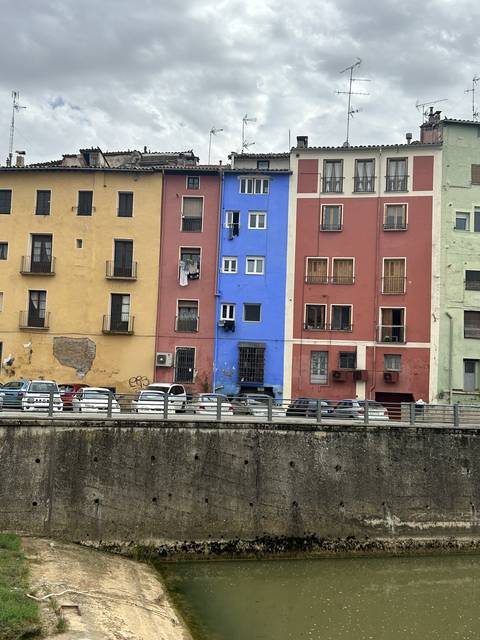 Colorful buildings viewed from an angle.
