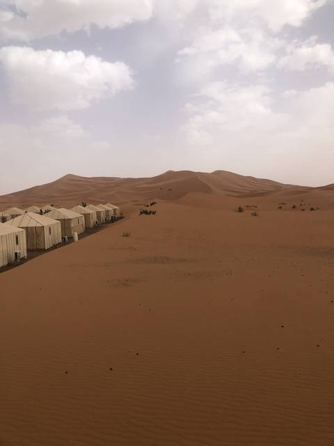       Desert landscape with sand dunes and tents under a cloudy sky.
  