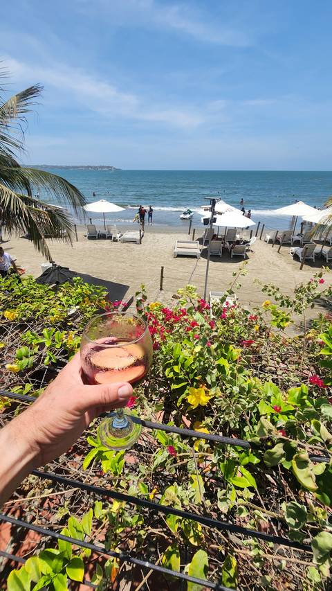       Beach scene with a hand holding a drink.
  