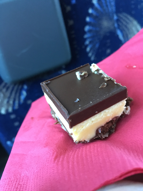 Close-up of a chocolate dessert square on a pink napkin.