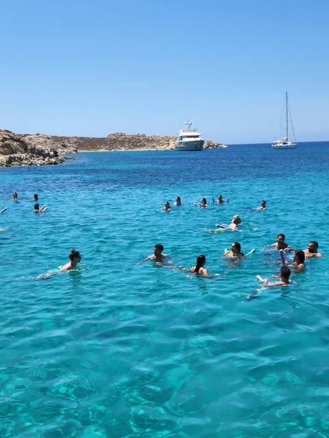       People swimming in a vivid blue sea.
  