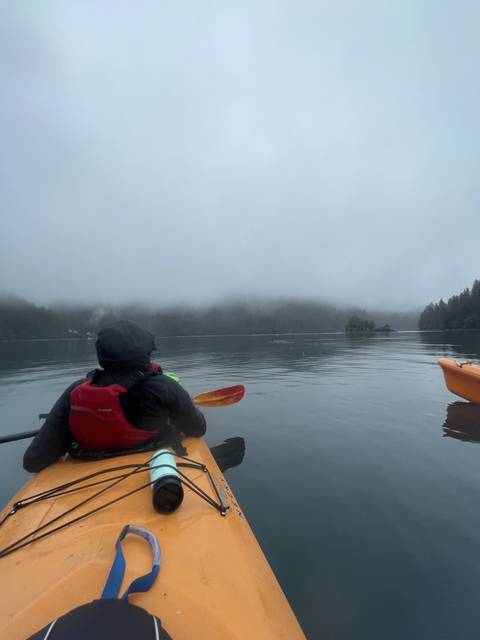       Kayaker on a foggy lake.
  