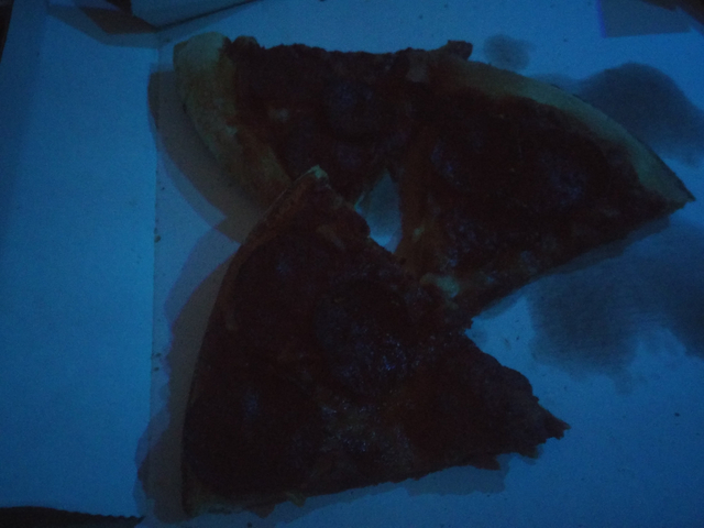       Two slices of pizza with pepperoni, dimly lit.
  
