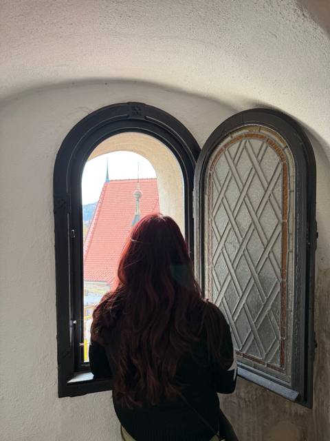 Woman looking out a window at a red rooftop.