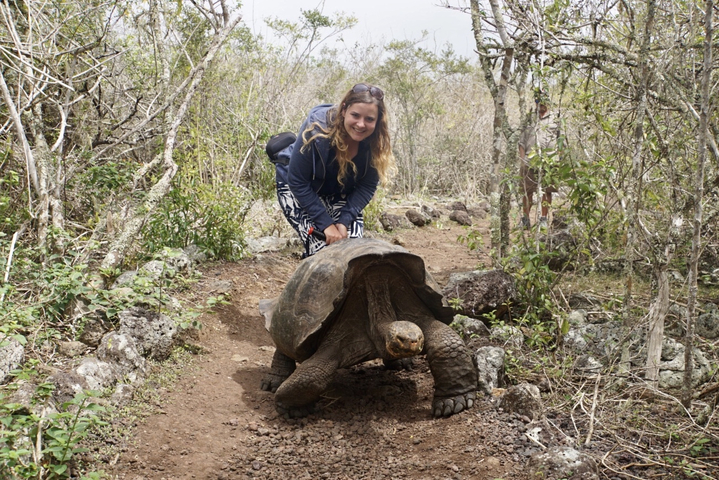 Person posing with a giant tortoise on a natural trail.