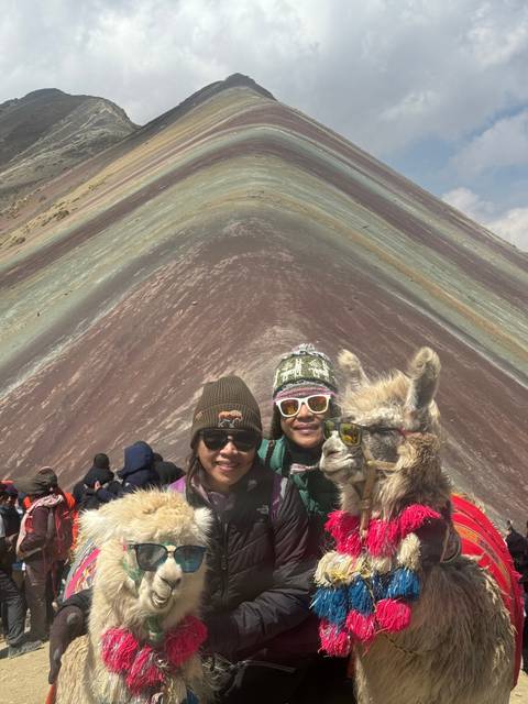 Group of people posing with llamas against colorful mountain.