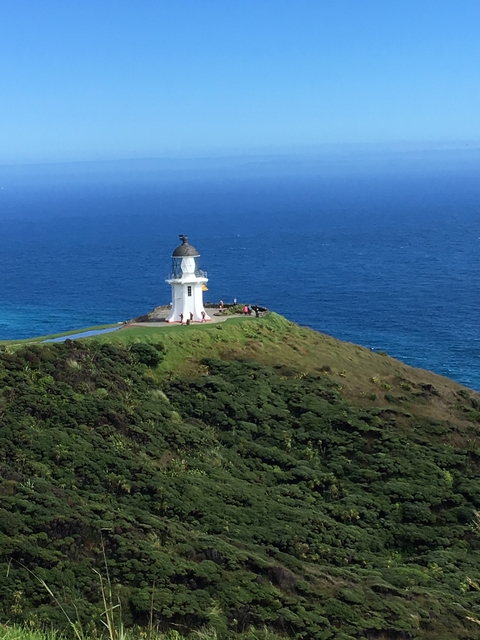A lighthouse on a hill by the ocean.