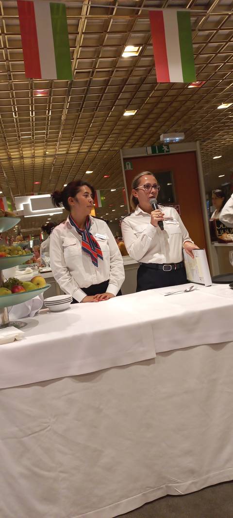 Two people presenting at a table with Italian flags.