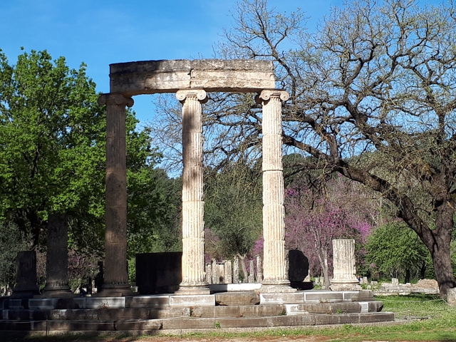 Ancient ruins with stone columns and trees surrounding them.