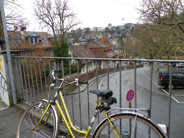 Bicycle parked by a railing with a view of historical buildings.
