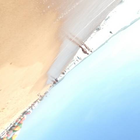 Blurry beach scene with people and waves.