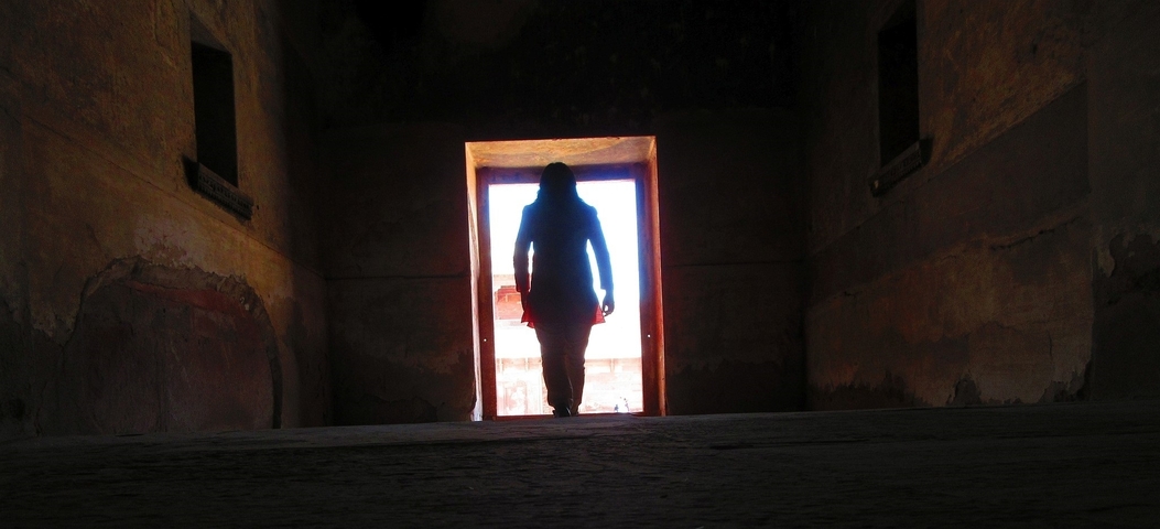       Silhouette of person in a historic archway
  