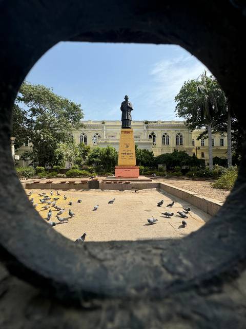 Statue and pigeons in a public square with a vintage building in the background.