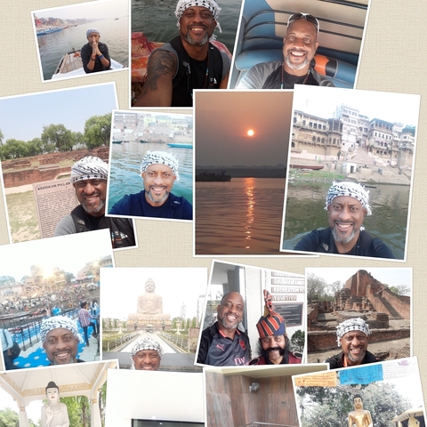       Collage of various locations and a man with different backgrounds.
  