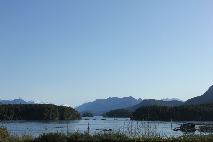 Scenic view of mountains and water.