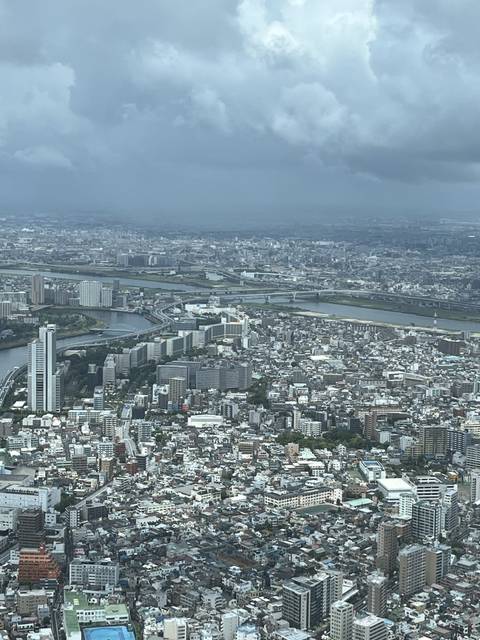       Aerial view of a city with river and buildings.
  
