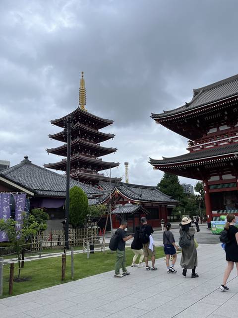       People walking near a traditional Japanese pagoda.
  