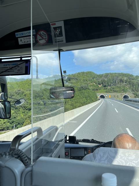 View from a bus window of a highway and surrounding greenery.
