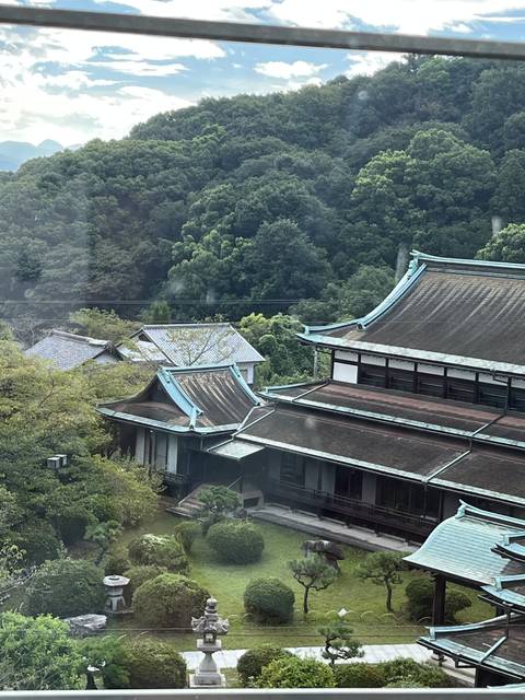       Traditional Japanese building with green surroundings viewed from above.
  
