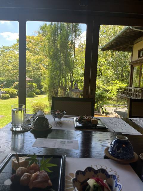A traditional Japanese meal setup near a window with a garden view.