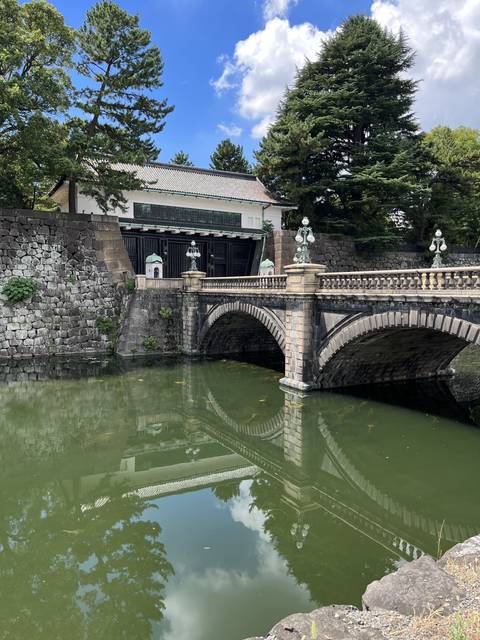       Stone bridge over water with trees and blue sky.
  